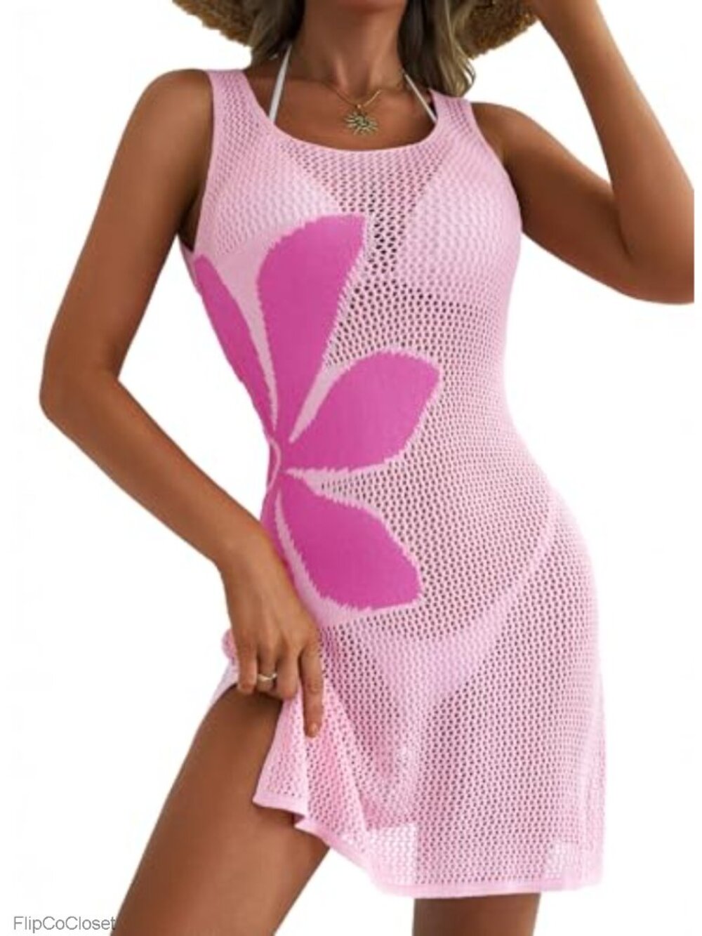 Women's Crochet Floral Hollow Slit Swimsuit Cover-Up Beach Dress